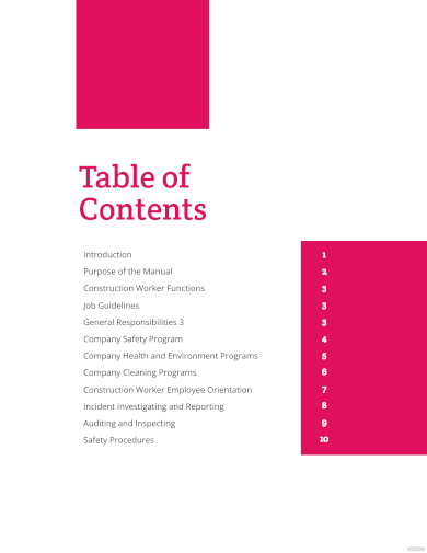 training manual table of contents template