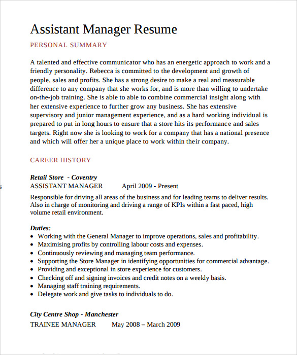 assistant manager resume pdf