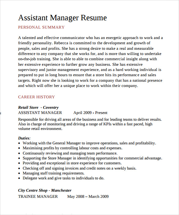 resume templates for assistant manager