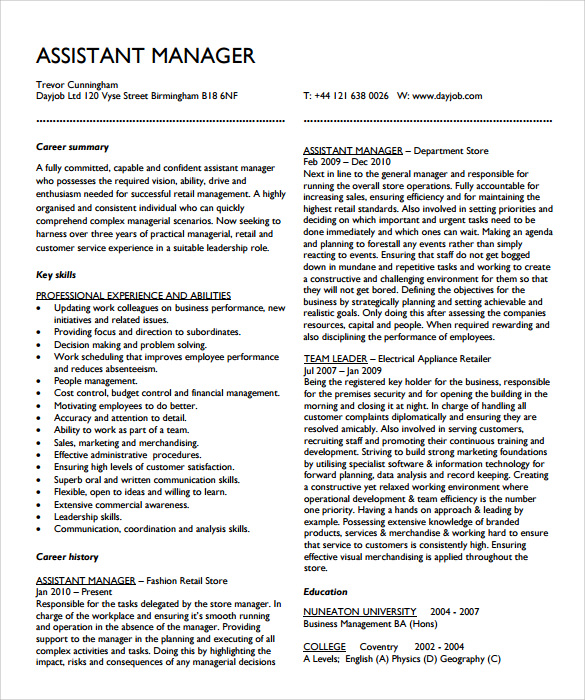 FREE 10 Sample Assistant Manager Resume Templates In PDF   Sample Assistant Manager Resume 