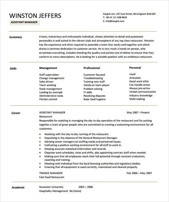 simple assistant manager resume