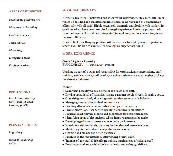 sample supervisor resume