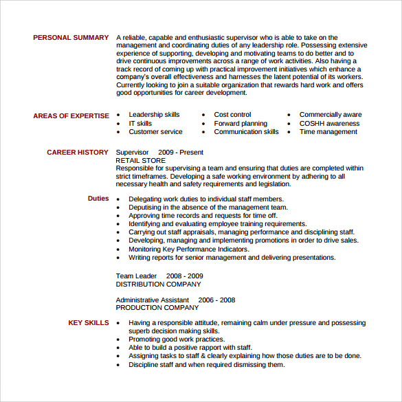 Free 15 Sample Supervisor Resume Templates In Pdf Ms Word