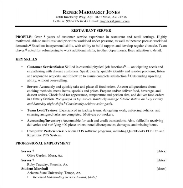 Food Service Resume Templates Free