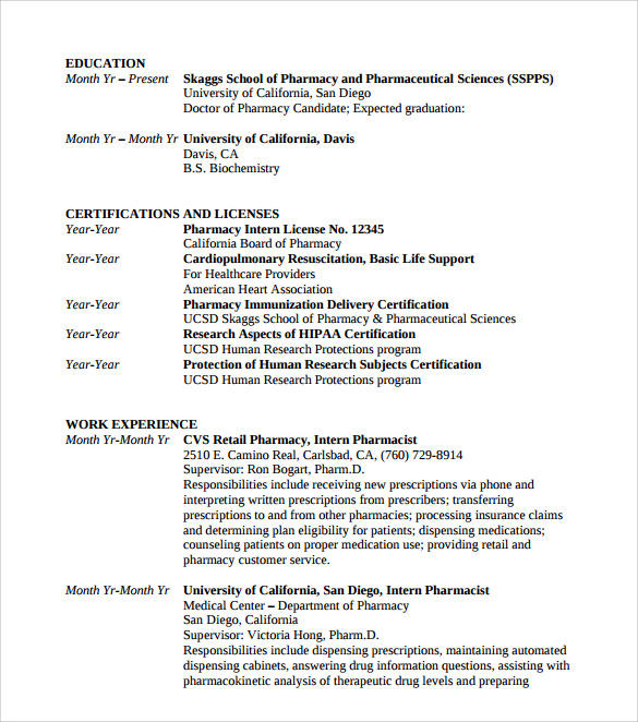 Resume for pharmacy student