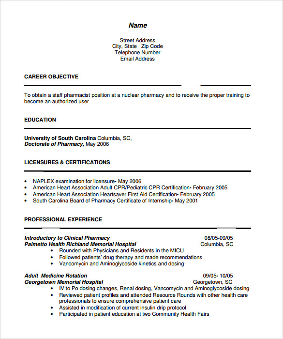 Pharmacist graduate resume