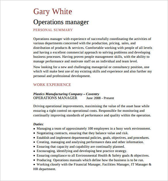 operations manager resume