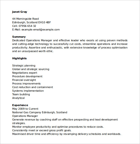 resume of operations manager