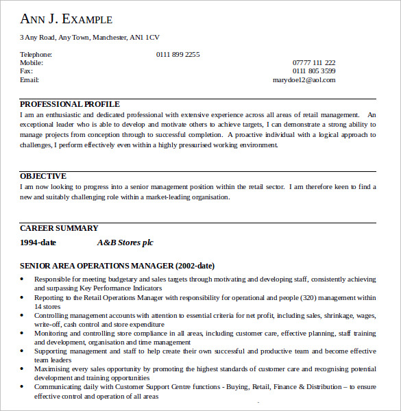 senior area operations manager resume