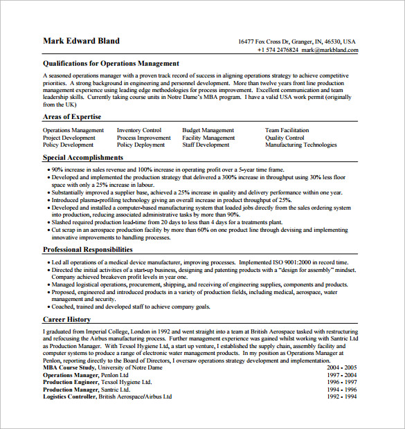 operations manager resume word format download