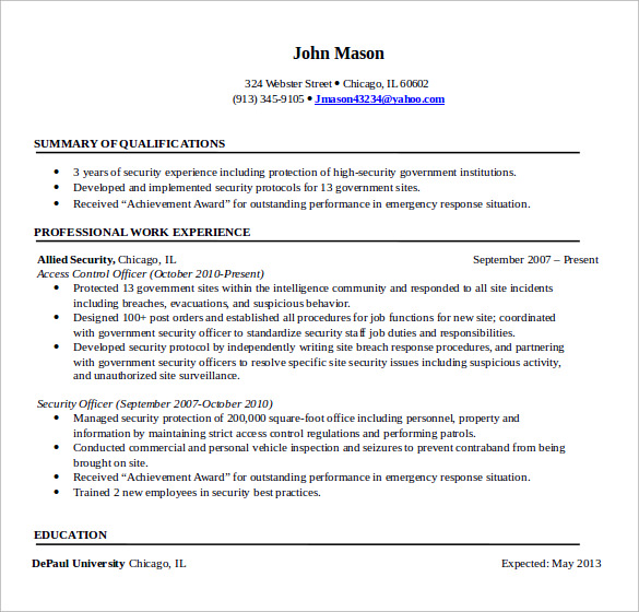 sample security professional resume