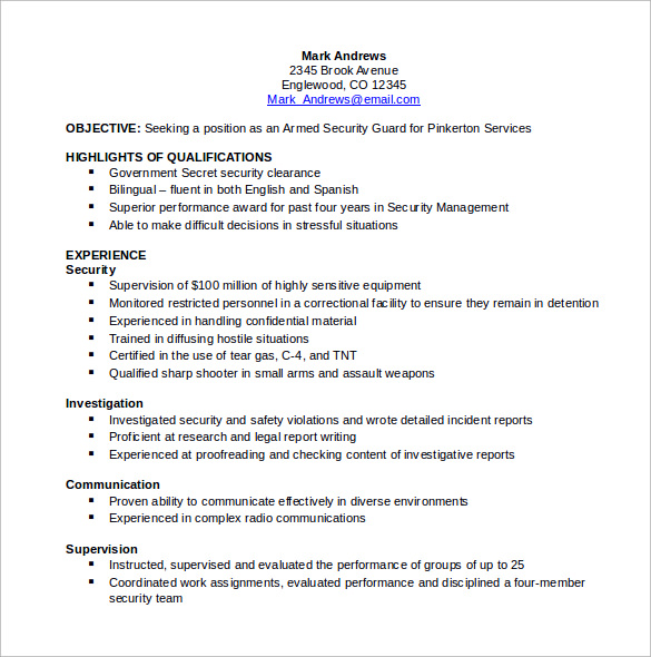 Free 11 Sample Security Resume Templates In Pdf Ms Word