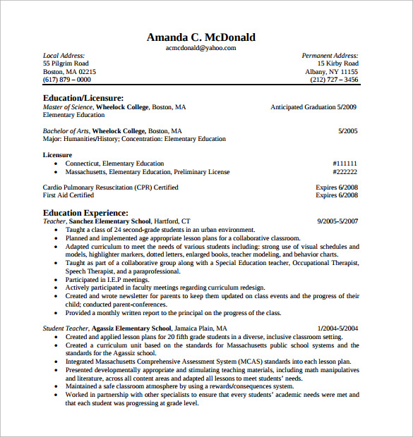 cv of elementary teacher resume