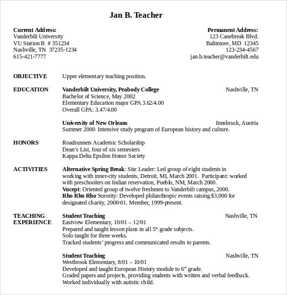 upper elementary teacher resume