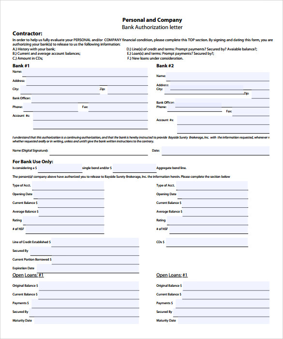 standard sample bank authorization letter 