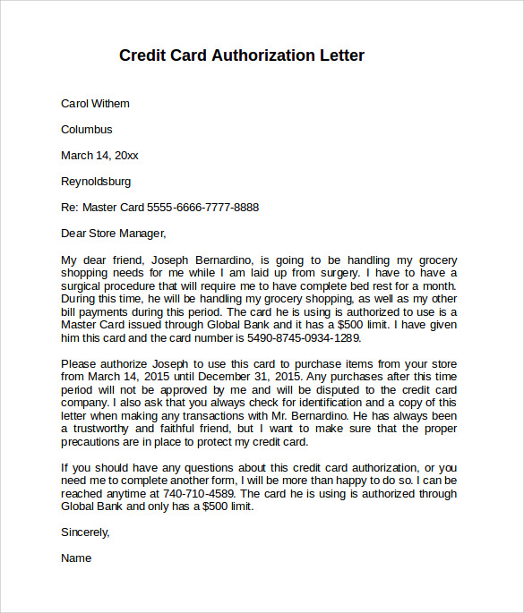 sample credit card authorization letter word