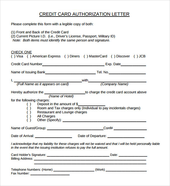 sample credit card authorization letter free