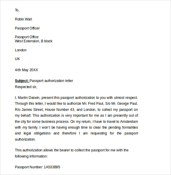 passport authorization letter sample