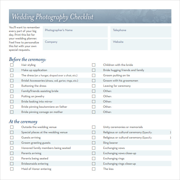 wedding photography checklist template