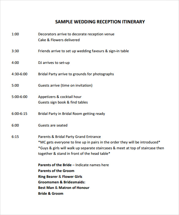 wedding reception itinerary template