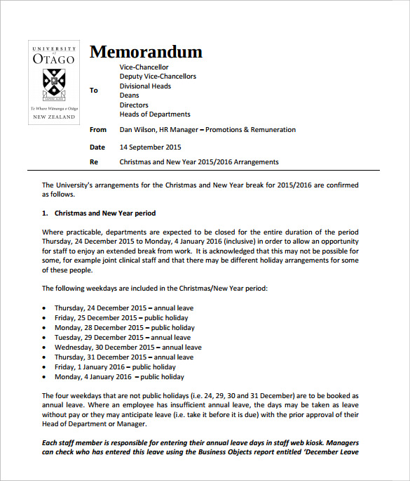 FREE 9+ Sample Holiday Memo Templates in PDF | MS Word | Google Docs