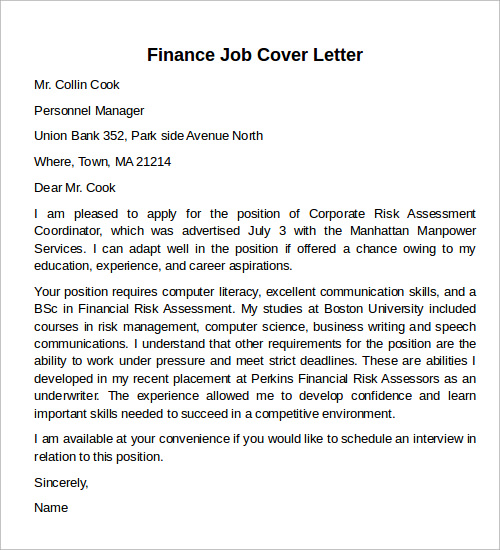 cover letter example finance job