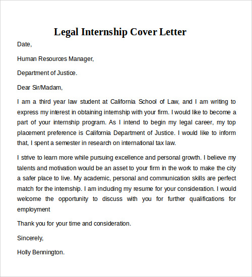 legal internship cover letter example