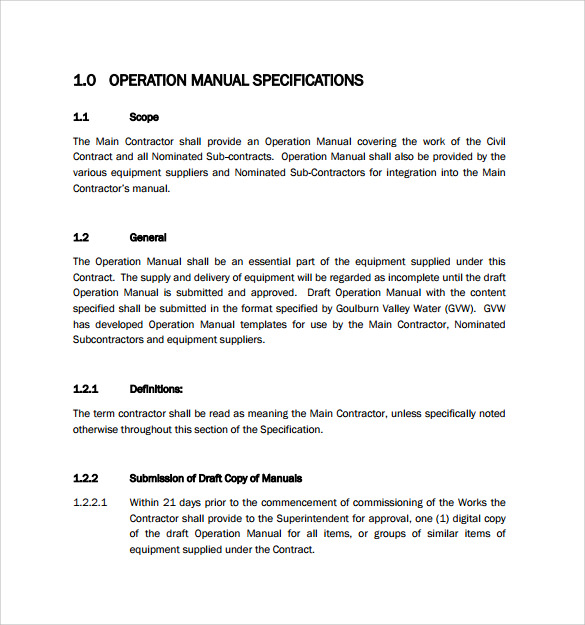 operations manual template specifications