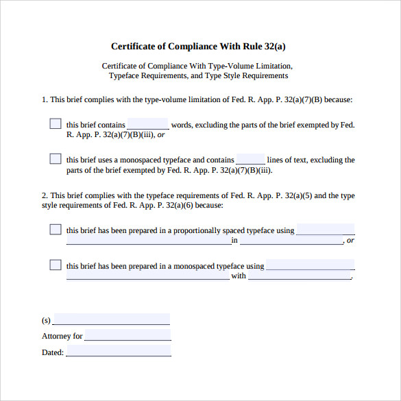 Certification Of Compliance Template