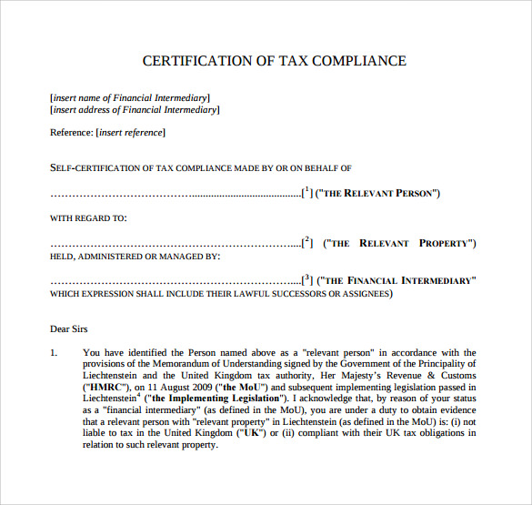 Certificate Of Compliance Template