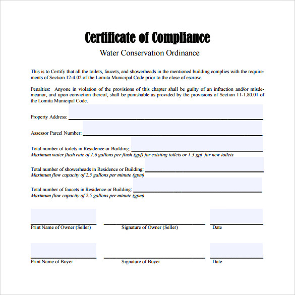 Certificate Of Compliance Template