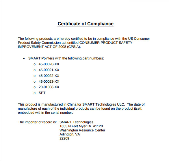 Downloadable Certificate of Compliance