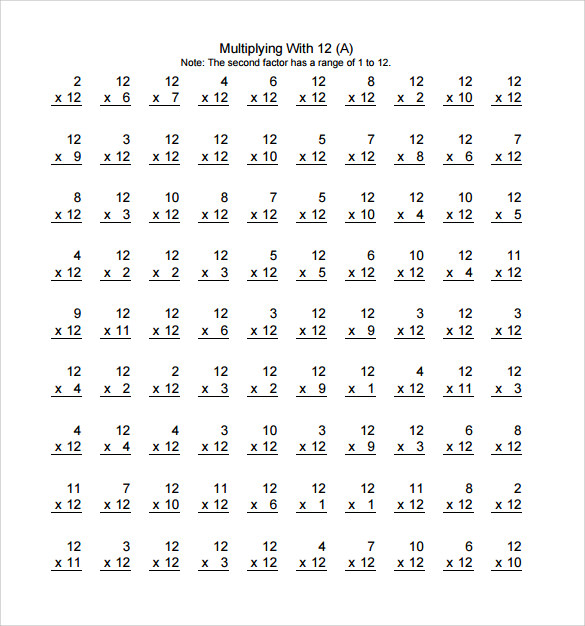 36 Horizontal Multiplication Facts Questions 12 By 0 12 A Free 5 Sample Horizontal