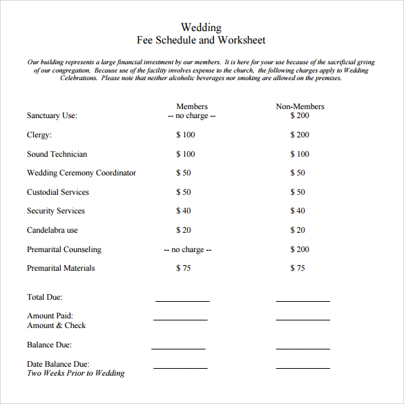 wedding fee schedule and worksheet