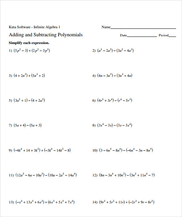 sample algebraic subtraction worksheets