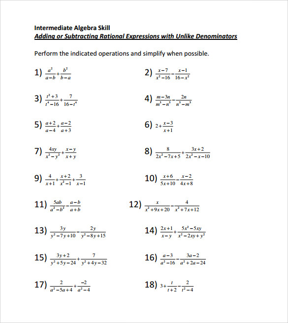 10 sample algebraic subtraction worksheets sample templates