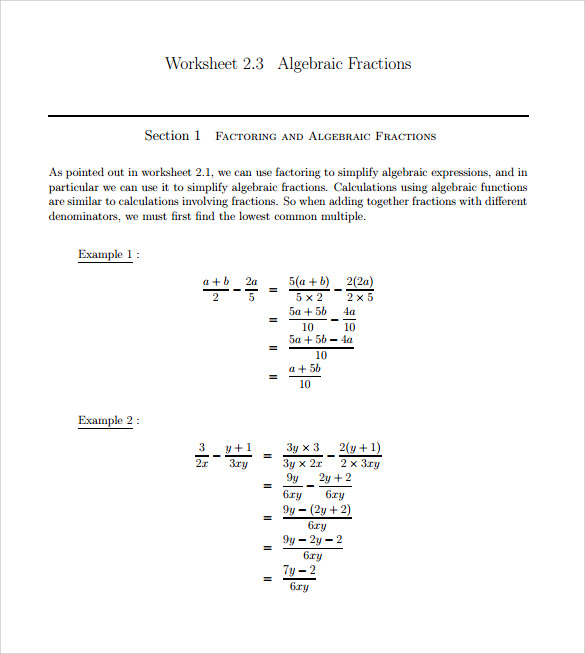algebraic subtraction worksheet format