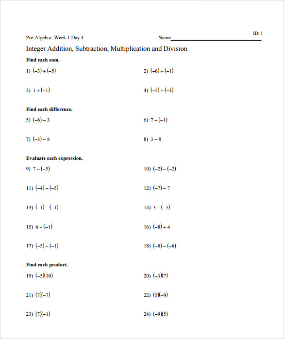 standard algebraic subtraction worksheet 