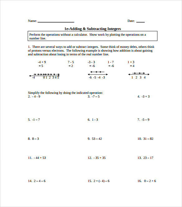 example of algebraic subtraction worksheet 