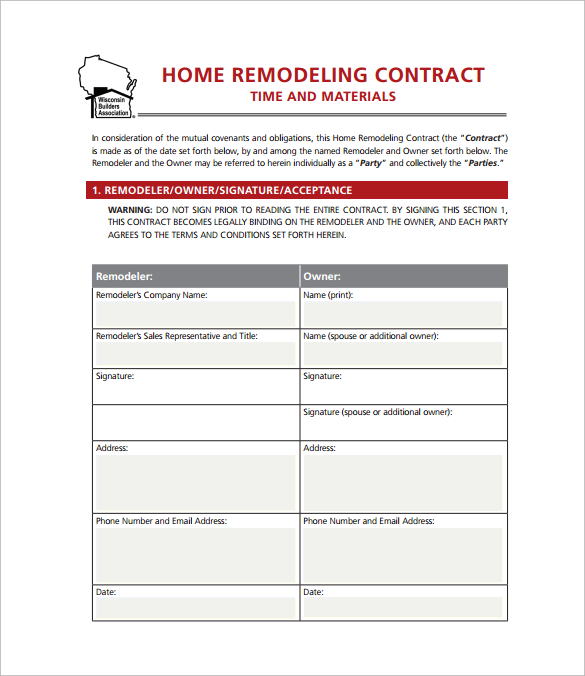 home remodeling contract template free download in pdf