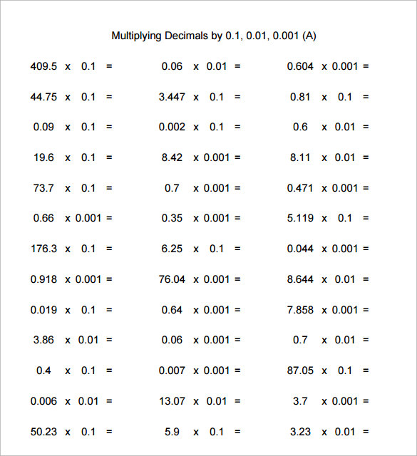 basic multiplying decimals vertical worksheet