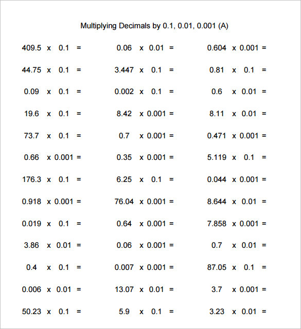 Multiplying Decimals Worksheets Pdf Multiplying Decimals By 10 100