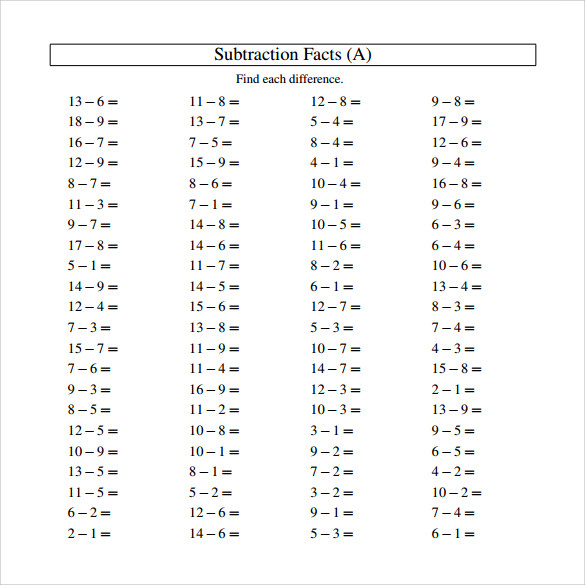 horizontal subtraction facts worksheet pdf