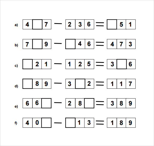horizontal subtraction facts worksheet example