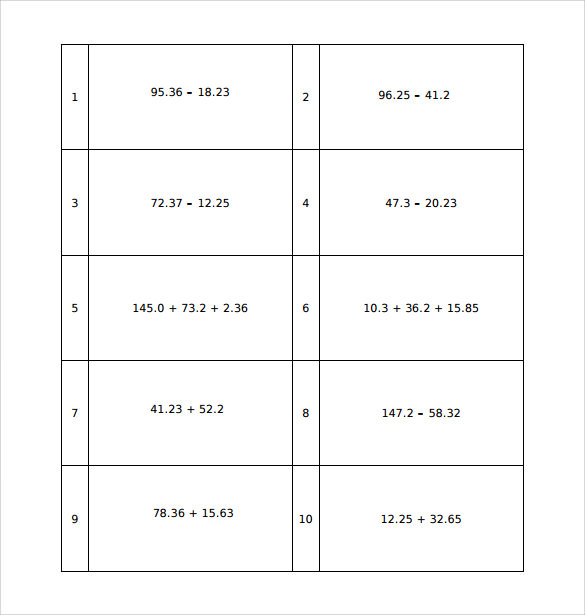 simple horizontal subtraction facts worksheet