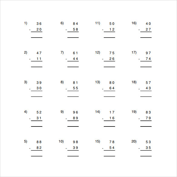 FREE 12+ Sample Vertical Subtraction Worksheet Templates in PDF | MS Word