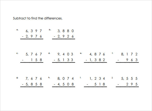 example of vertical subtraction worksheet