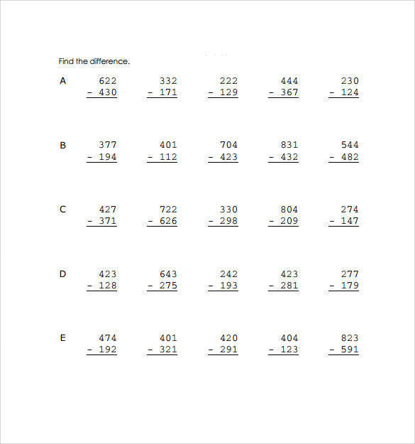 sample example of vertical subtraction worksheet