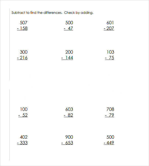 substract across zero worksheet