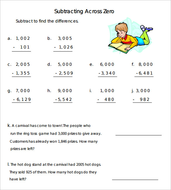 11 sample subtraction across zeros worksheets sample templates